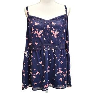 Torrid Top Women's 3 Blue Pink Butterfly Smocked Adjustable Lined Swing Tank